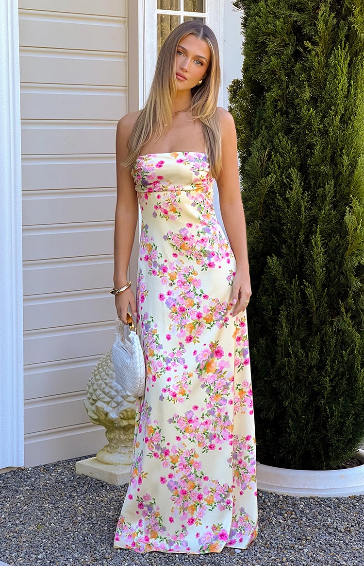 Blaise Yellow Bloom Satin Maxi Dress Image