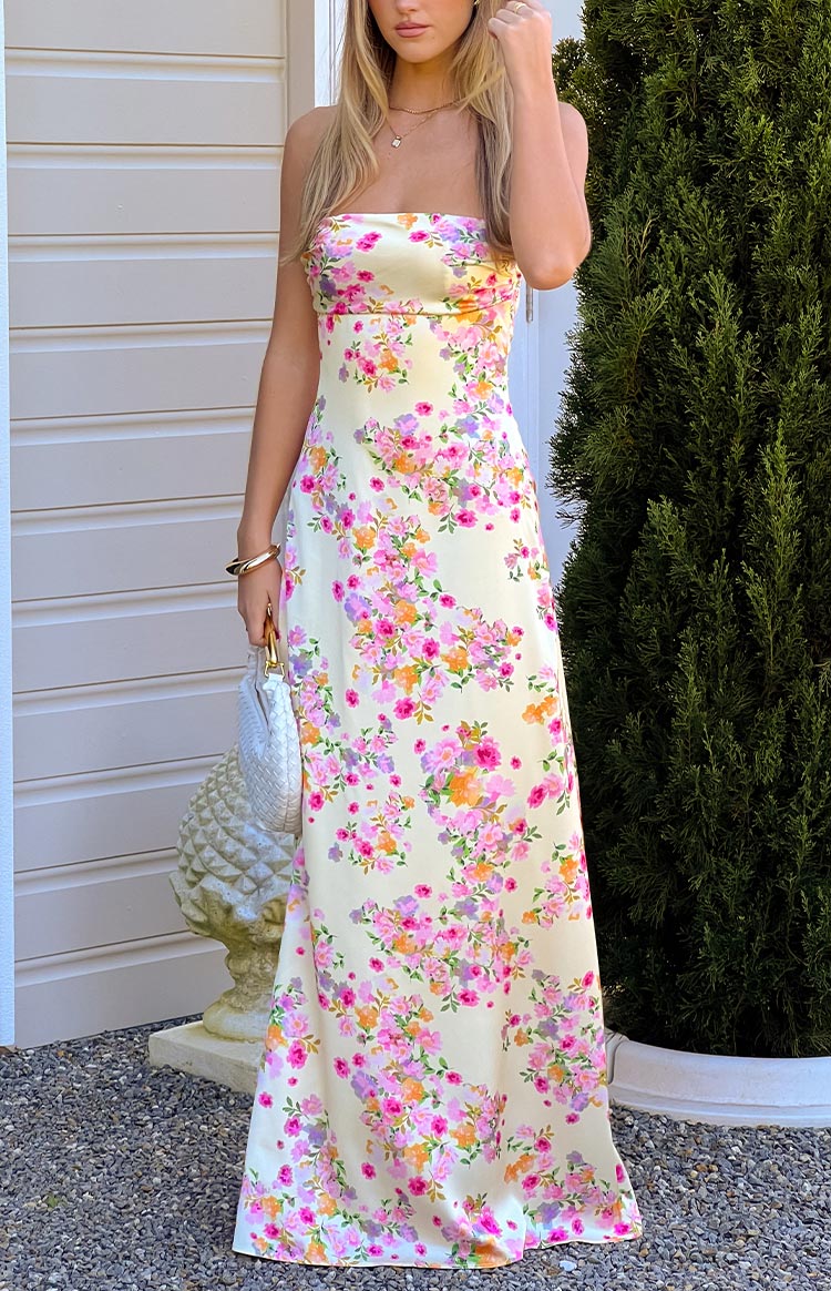 Blaise Yellow Bloom Satin Maxi Dress Image