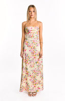 Yellow satin maxi dress with an all-over pink and orange floral print- featuring thin spaghetti straps and a criss-cross lace-up back detail.
