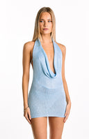 A light blue knit mini dress with a deep cowl halter neckline- perfect for a chic resort or party look.