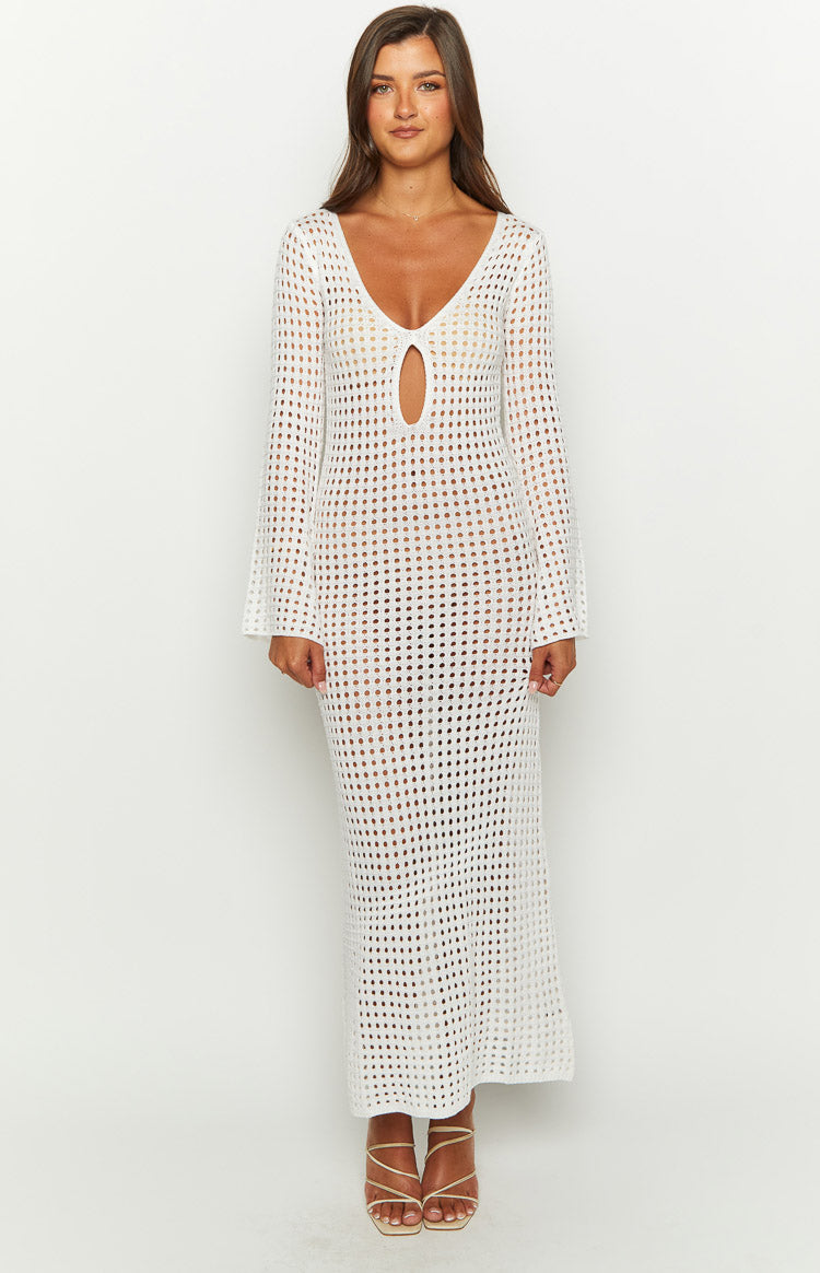 Destinations White Crochet Long Sleeve Maxi Dress | Beginning Boutique NZ