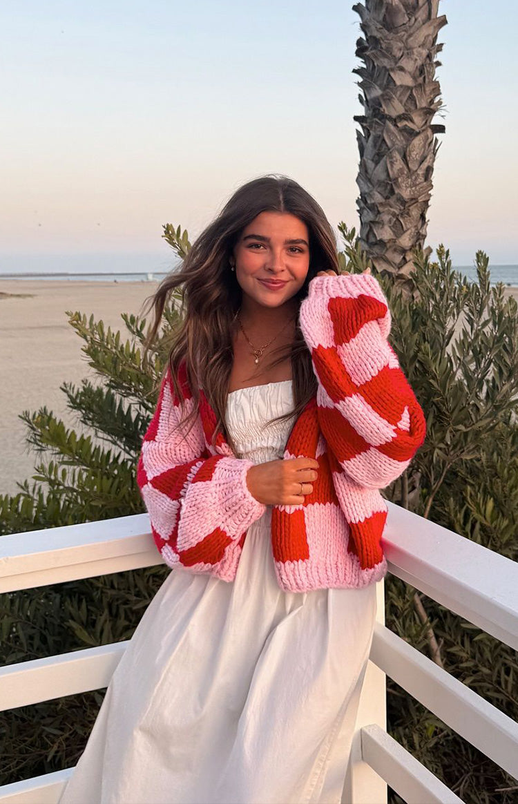 Envi Pink And Red Checkered Knit Cardigan Beginning Boutique NZ