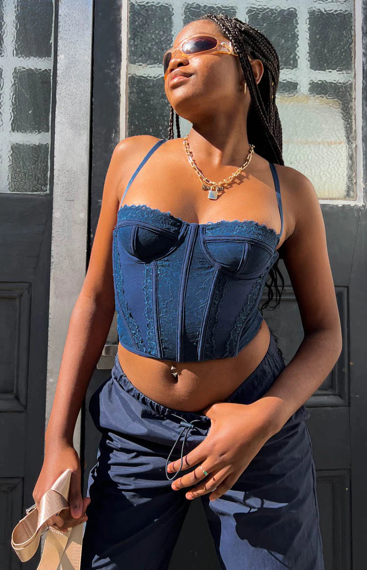 Evangeline Blue Lace Corset Top | Beginning Boutique NZ