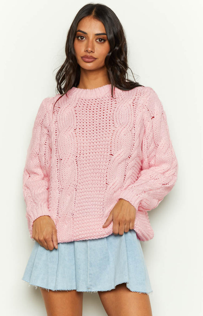 Womens pink cable knit best sale sweater