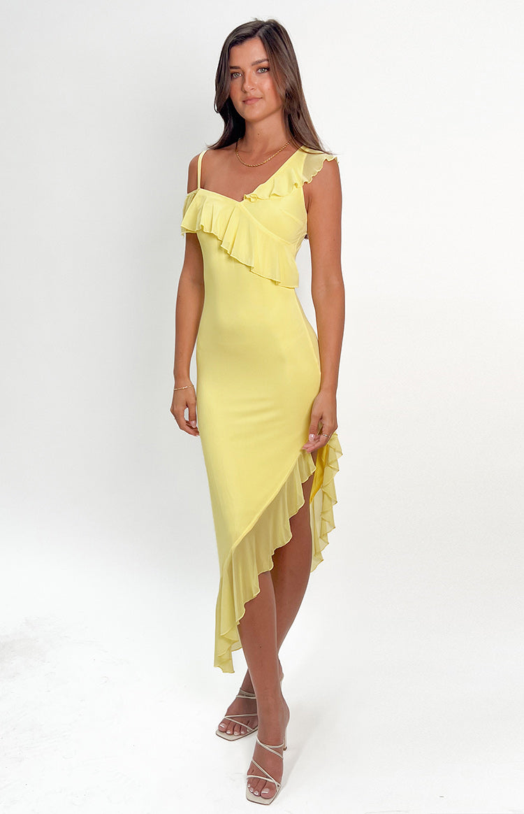 Everleene Yellow Ruffle Mesh Midi Dress | Beginning Boutique NZ Everleene Yellow Ruffle Mesh Midi Dress | Beginning Boutique NZ