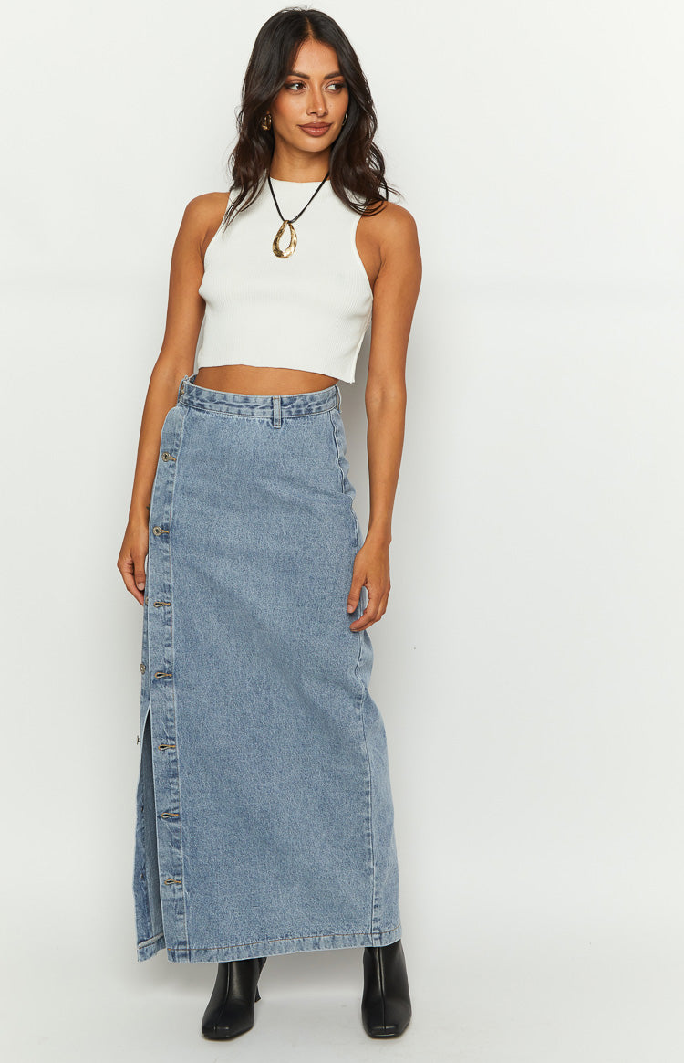 Fazio Button Side Denim Maxi Skirt Beginning Boutique NZ