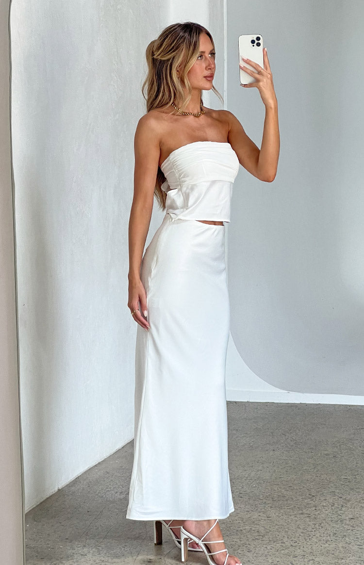 Genevieve White Satin Maxi Skirt Beginning Boutique NZ