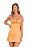 A bright orange satin mini dress with a ruched sweetheart neckline and delicate spaghetti straps- perfect for a party or a cheerful evening.