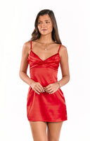 A vibrant red satin mini dress- featuring a ruched sweetheart neckline and delicate spaghetti straps- offering a classic and alluring silhouette for a party or special event.