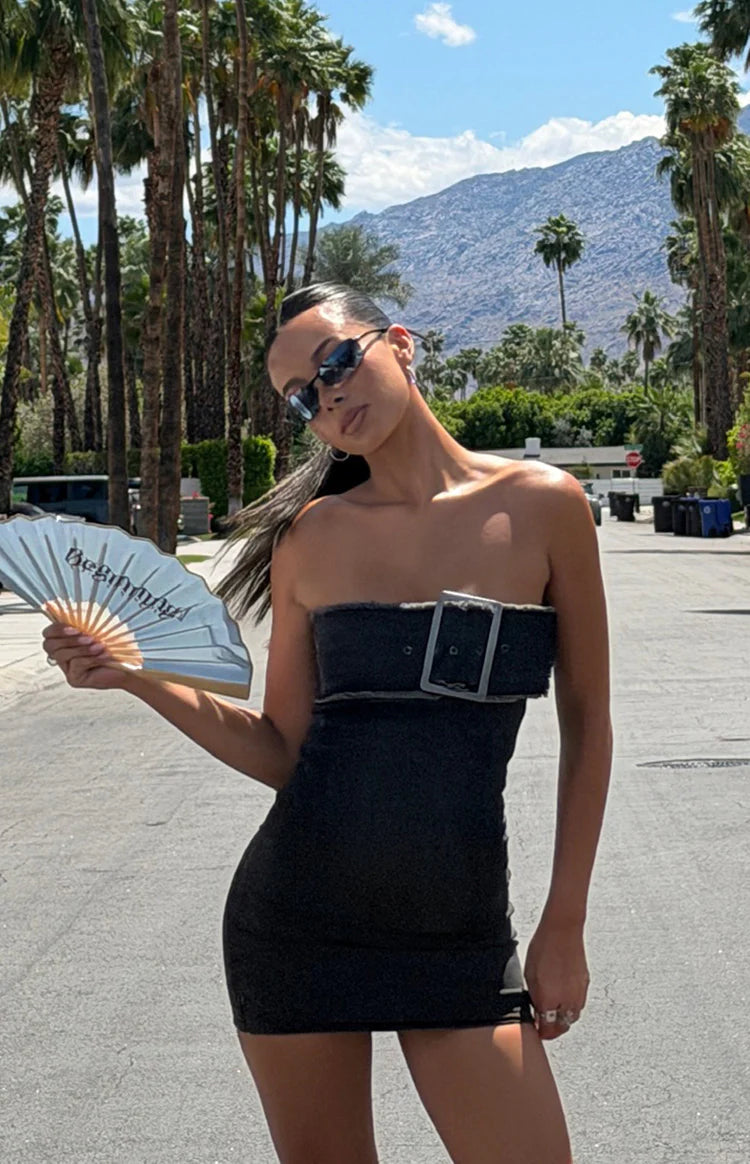 black denim strapless dress Rylie Washed Black Denim Strapless Fringe Mini Dress