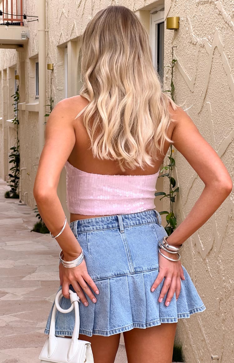 Julia Light Wash Pleated Denim Mini Skirt Image