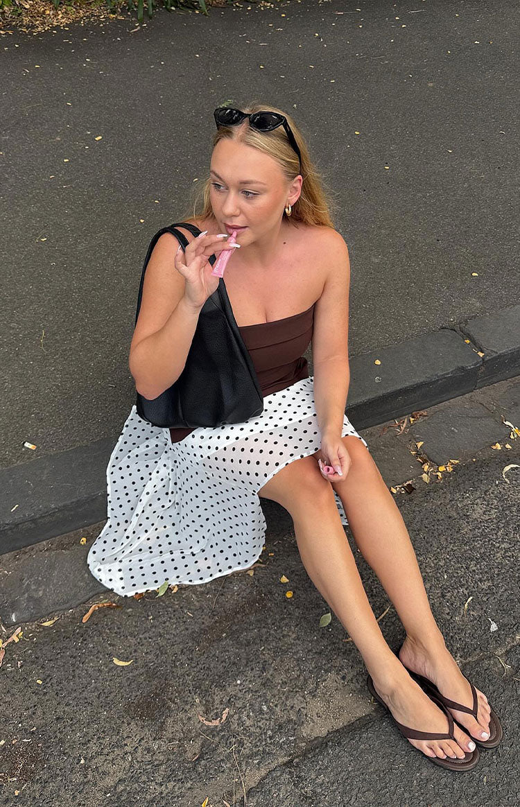 ポワ pois button line skirt （summer） ホワイト Khalea White Polka Dot Hanky Hem Midi Skirt | Beginning Boutique NZ