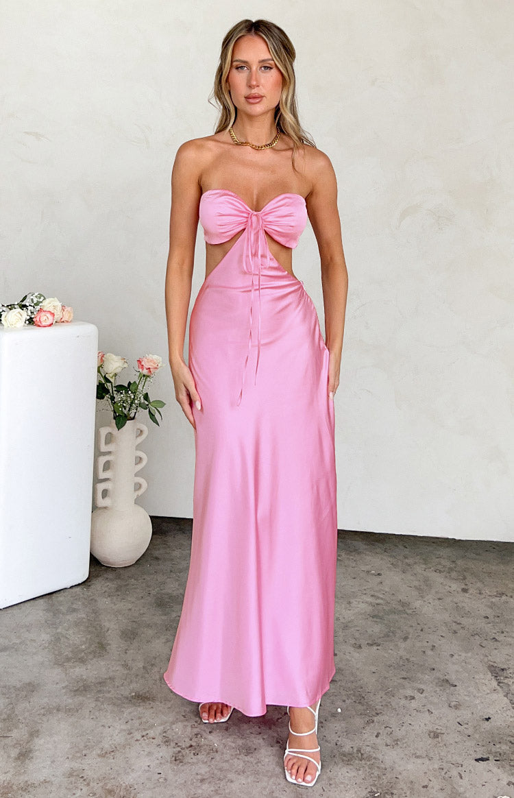 Lili Pink Satin Strapless Maxi Dress | Beginning Boutique NZ Lili Pink Satin Strapless Maxi Dress | Beginning Boutique NZ