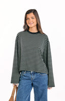 Black and light olive green horizontal striped long-sleeve top with a black crew neck