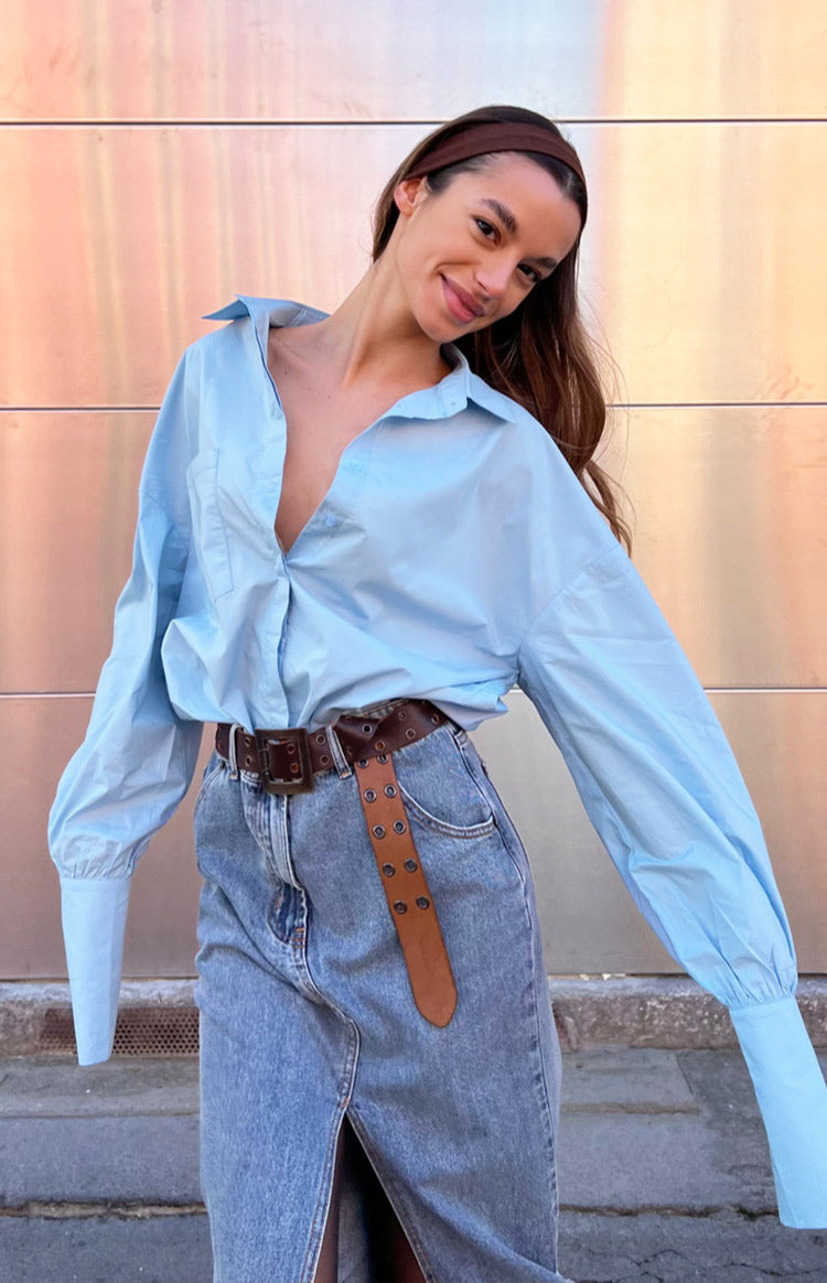 Lioness Dad Shirt Sky Blue Mini Dress Image