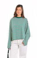 Green and white horizontal striped long-sleeve top with a mock neck