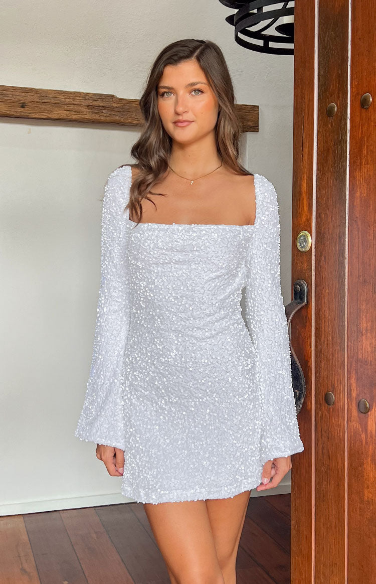 long sleeve white sequin mini dress Marienne White Velvet Sequin Long Sleeve Mini Dress