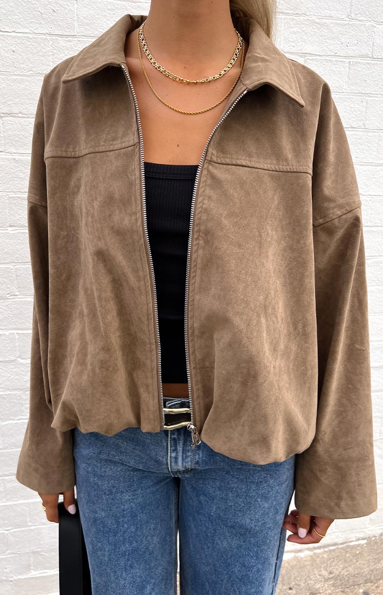 River Brown Suedette Bubble Hem Bomber Jacket Image