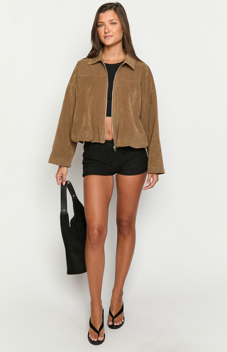 River Brown Suedette Bubble Hem Bomber Jacket Image
