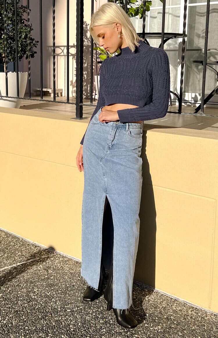 Blinding Lights Blue Denim Front Split Maxi Skirt Image