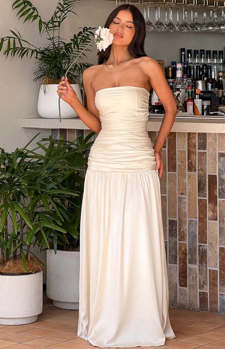 strapless dress nz Sinclair Cream Satin Maxi Size:4T/5T Maids to Measure Women's cute mini dress for party
