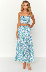 Sweet Satin Blue Floral Maxi Skirt Image