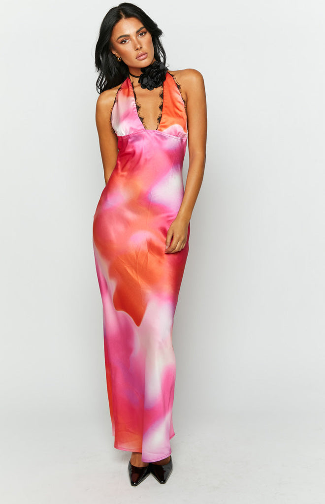 Poppy Ref Pink Print Halter Neck Maxi Dress