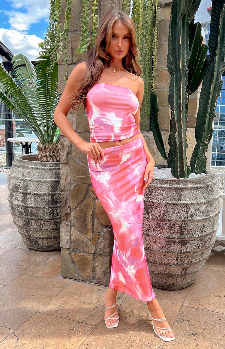 When In Rome Pink Floral Print Mesh Maxi Skirt Beginning Boutique NZ