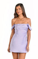 A charming lilac satin off-the-shoulder mini dress with a gracefully draped bodice- perfect for a party or homecoming event.