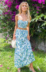 Sweet Satin Blue Floral Maxi Skirt Image