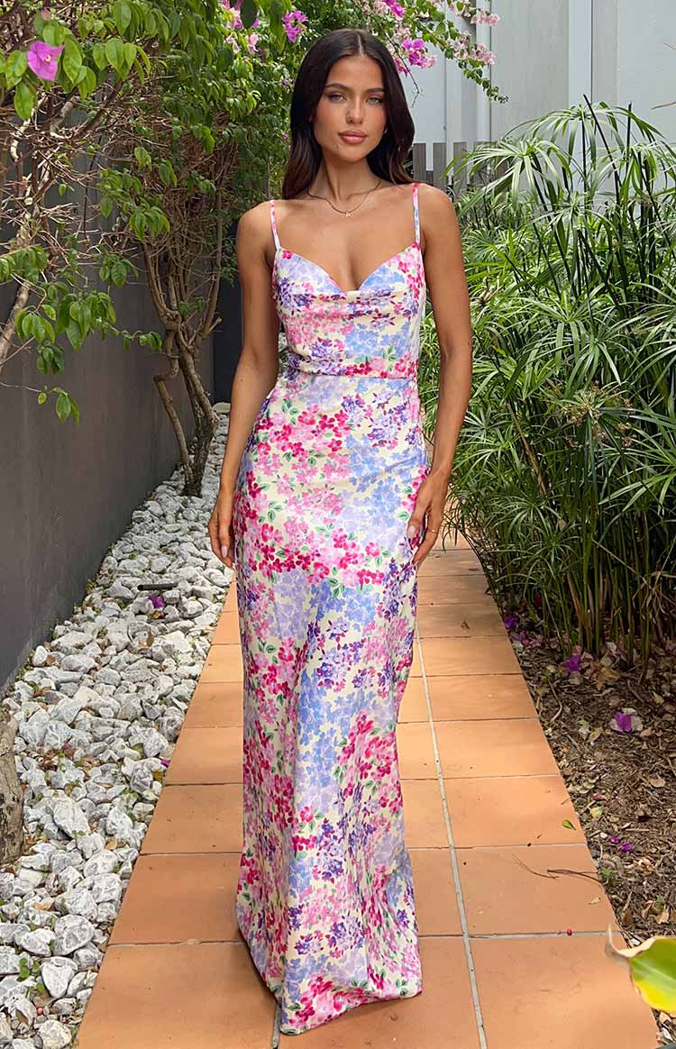 floral maxi dress nz Renesmee Yellow Floral Print Satin Maxi Dress - US 14