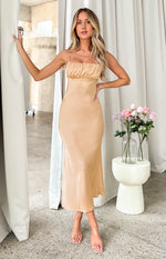 Koralie Champagne Satin Formal Midi Dress Image