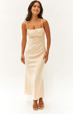 Koralie Champagne Satin Formal Midi Dress Image