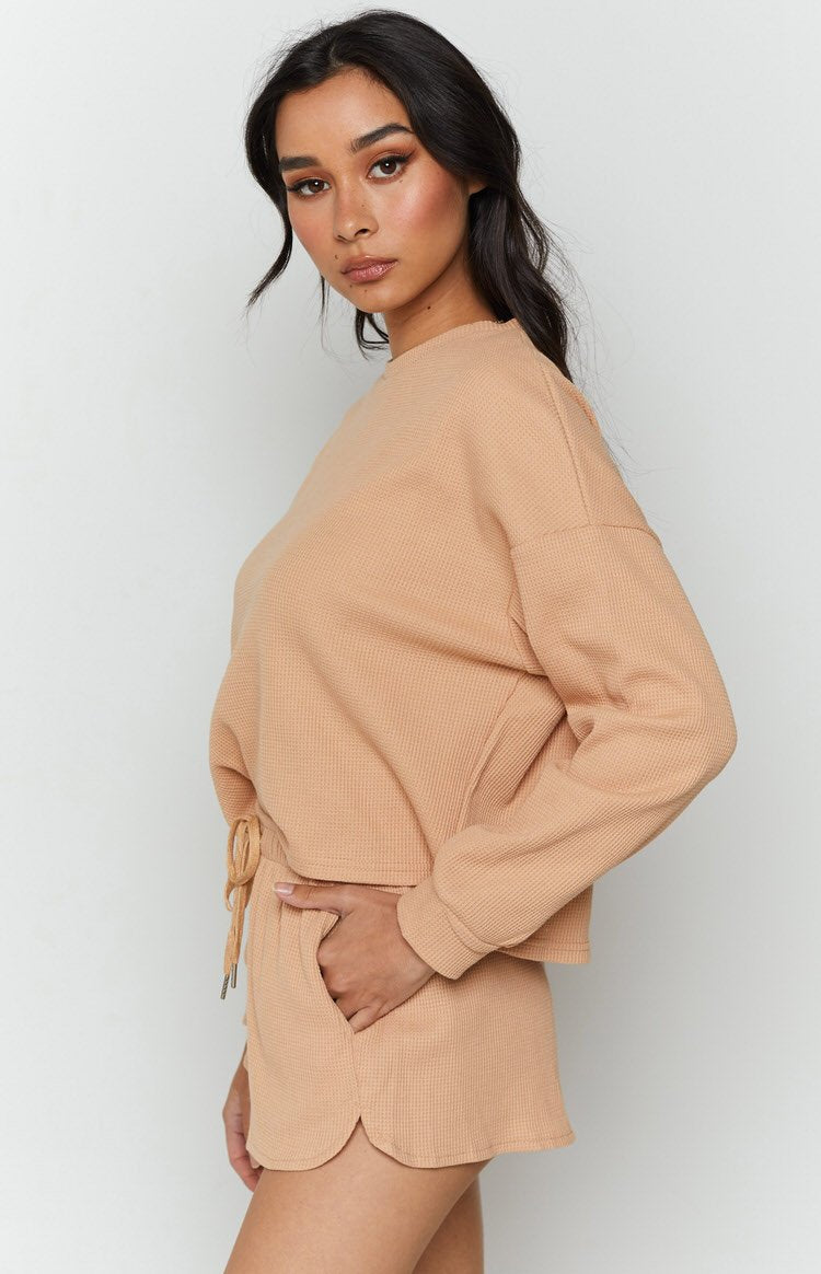 Steph Long Sleeve Waffle Top Tan Image