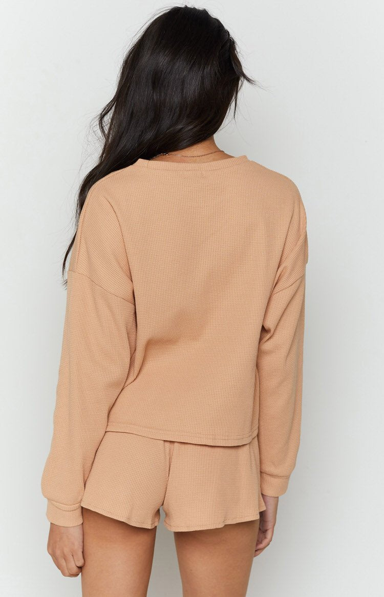 Steph Long Sleeve Waffle Top Tan Image