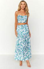 Sweet Satin Blue Floral Maxi Skirt Image