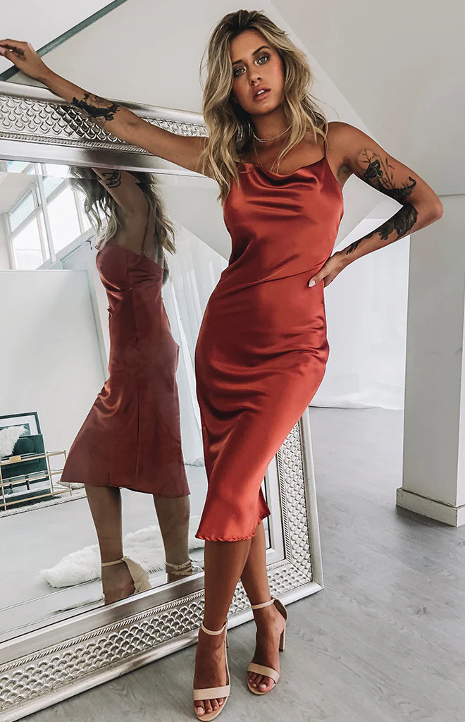 schiffer slip midi dress rust brown slip dress Schiffer Slip Midi Dress Rust| Beginning Boutique US 14