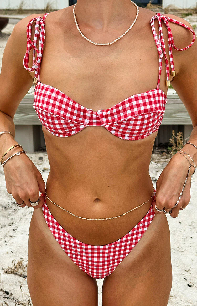 Beginning Boutique 9.0 Swim Bianca Red Gingham Bikini Bottoms red gingham low-rise high-cut bikini bottoms