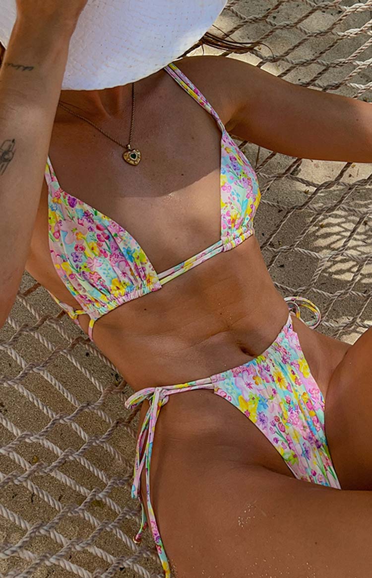 Beginning Boutique 9.0 Swim Sumba Painted Floral Bikini Top painted floral pastel triangle bikini top with spaghetti straps and tie back