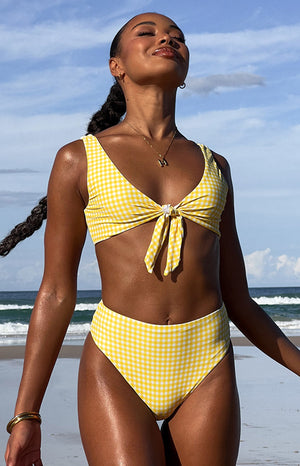 Yellow gingham bikini top with a tie-front detail and matching high-waisted bottoms