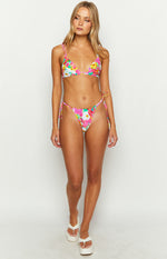 High-cut pink and green floral print bikini bottoms with adjustable side tie strings