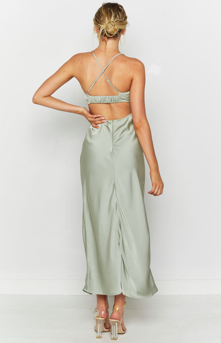 Sage satin-look maxi dress with criss-cross back straps, ruched elastic band, open back cut-out, and back split