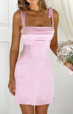 Pink satin mini dress with tie shoulder straps and a gathered square neckline