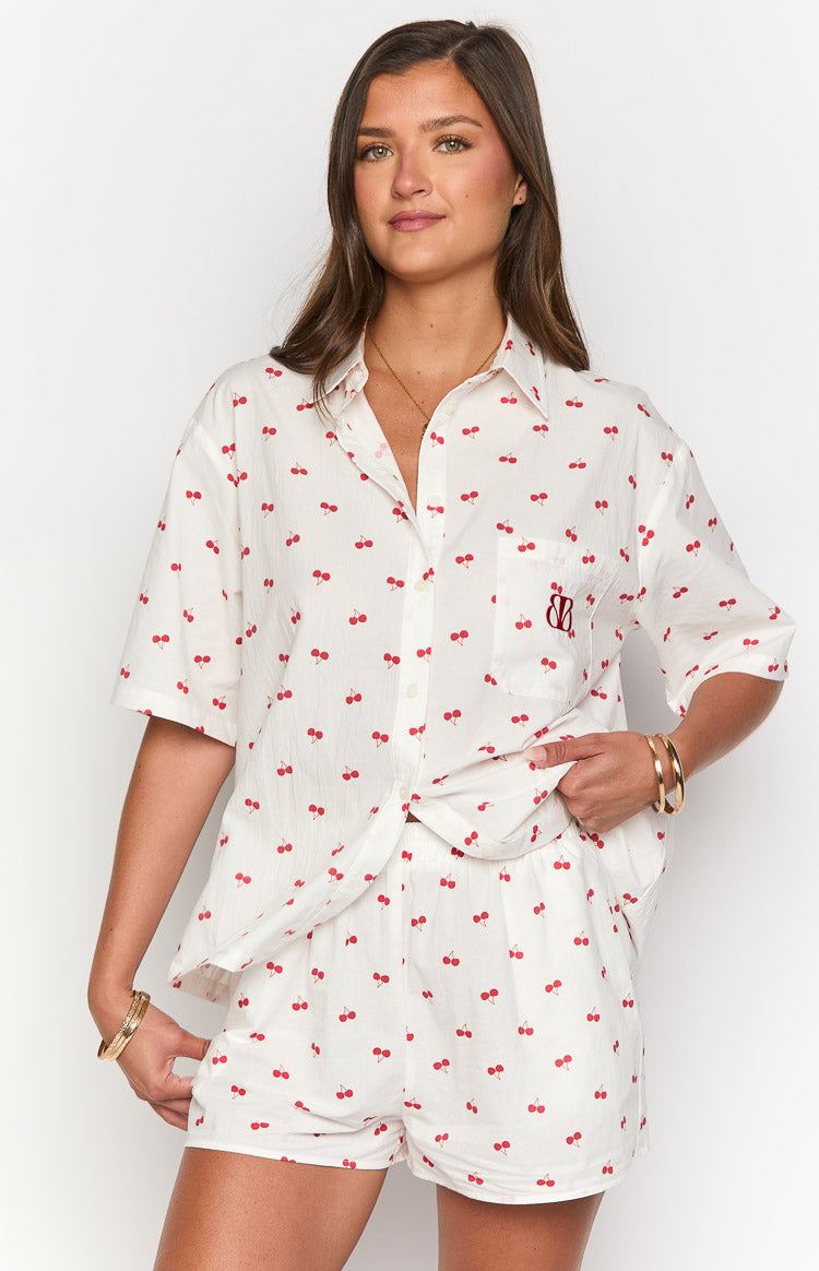 Beginning Boutique Alexea Cherry Print Pajama Shorts white red cherry print elasticated waist relaxed fit mini shorts