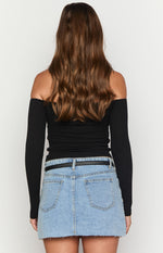 Rear view of a black ribbed off-shoulder long sleeve top