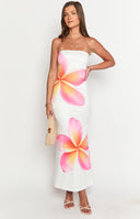 Beginning Boutique Arizona White Frangipani Maxi Dress white strapless bodycon maxi dress with large pink and orange frangipani print
