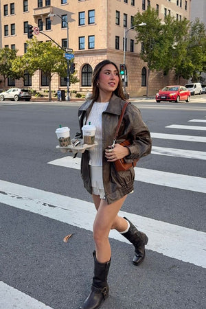 Abbi PU Vintage Brown Bomber Jacket