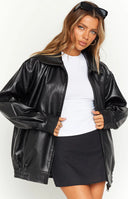 Beginning Boutique Abbi PU Black Bomber Jacket black PU oversized bomber jacket with zip front and fringe detail