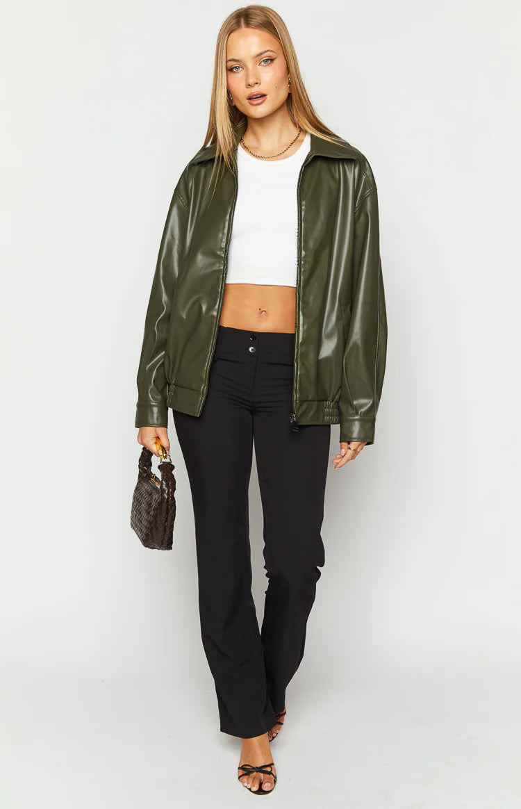 Abbi PU Olive Bomber Jacket