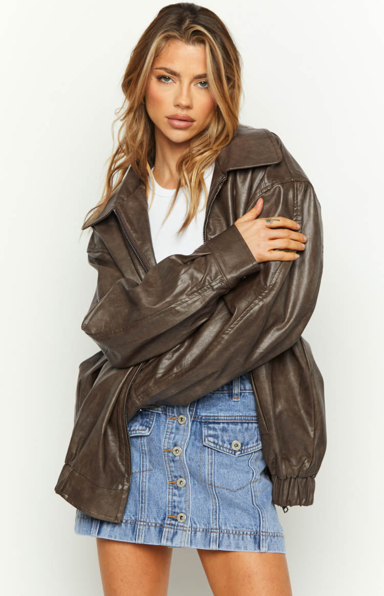 Vintage brown PU bomber jacket with an oversized, relaxed fit and wide collar